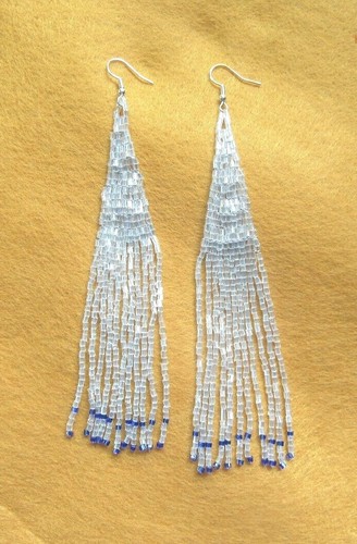 Fringe Earrings Clear and Blue Hand Made Glass Seed Bead Boho Style Earrings - Picture 2 of 4