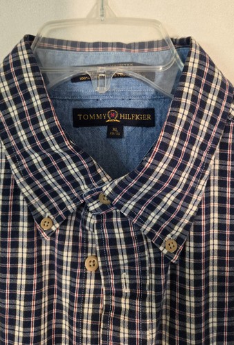 TOMMY HILFIGER Men's XL Blue Plaid Long-Sleeve Button-Down Shirt - Picture 3 of 7