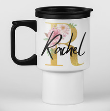 Personalised Name GOLD initial Travel Mug Custom Outdoor Work Travelling Gift