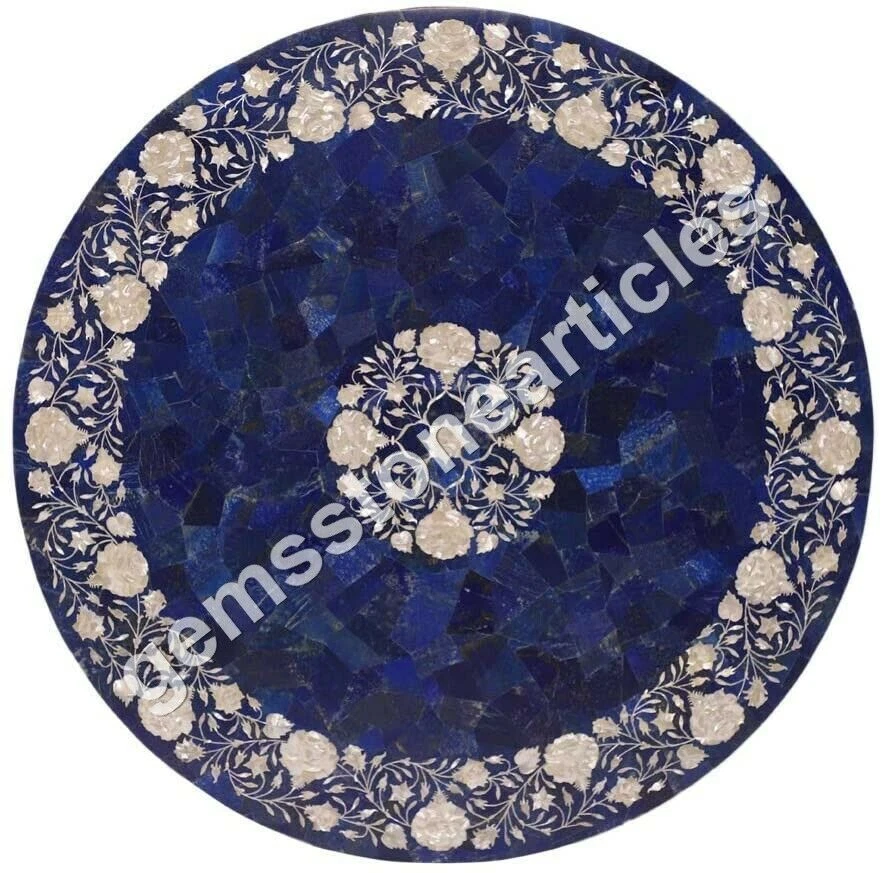 40"x40" Marble Real Lapis Stone Top Table Mop Inlaid Floral Art Christmas Gift - Image 2 of 3