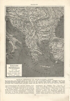 BALKANHALBINSEL SÜD IN OSTEUROPA KARTE um 1950 ALTER ILLUSTRATIONSDRUCK