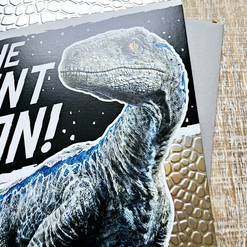 Tarjeta de cumpleaños American Greetings dinosaurio pop out plateado metálico caza Foto 3 de 4