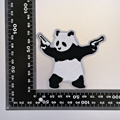 Panda with Guns Patch - Iron On Badge Embroidered Motif - Bear Funny #299 - Picture 2 of 2