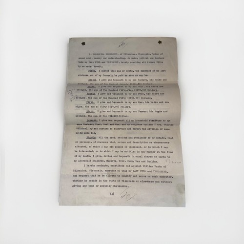 1924 Last Will & Testament Wisconsin Legal Document Estate Ephemera Hand Typed