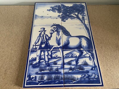 FREE SHIPMENT reproduction TILE tableau man + horse Delft blue 6 tiles