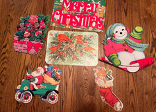 VTG Set of 6 Christmas Die Cut Decorations Santa Claus Snowman