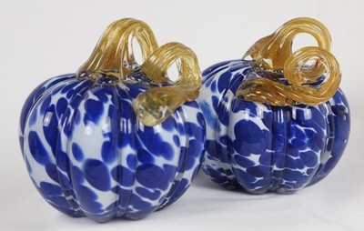 [PAIR] Glass Blue & White Pumpkins Gold Stem Halloween Fall Decor 4.25'' x 4.25''