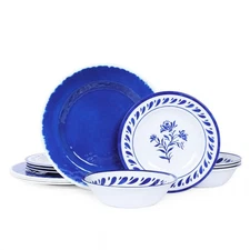 Melamine Plates and Bowls Sets,12-Piece Dinnerware Sets, Blue Dish set for 4,...