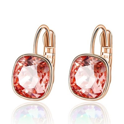 Austrian Crystal Square Cushion Drop Leverback Earrings for Women 14K Rose  - 07