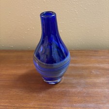 Cobalt Blue Asymmetrical Handblown Art Glass Vase With Multicolor Swirl Pattern