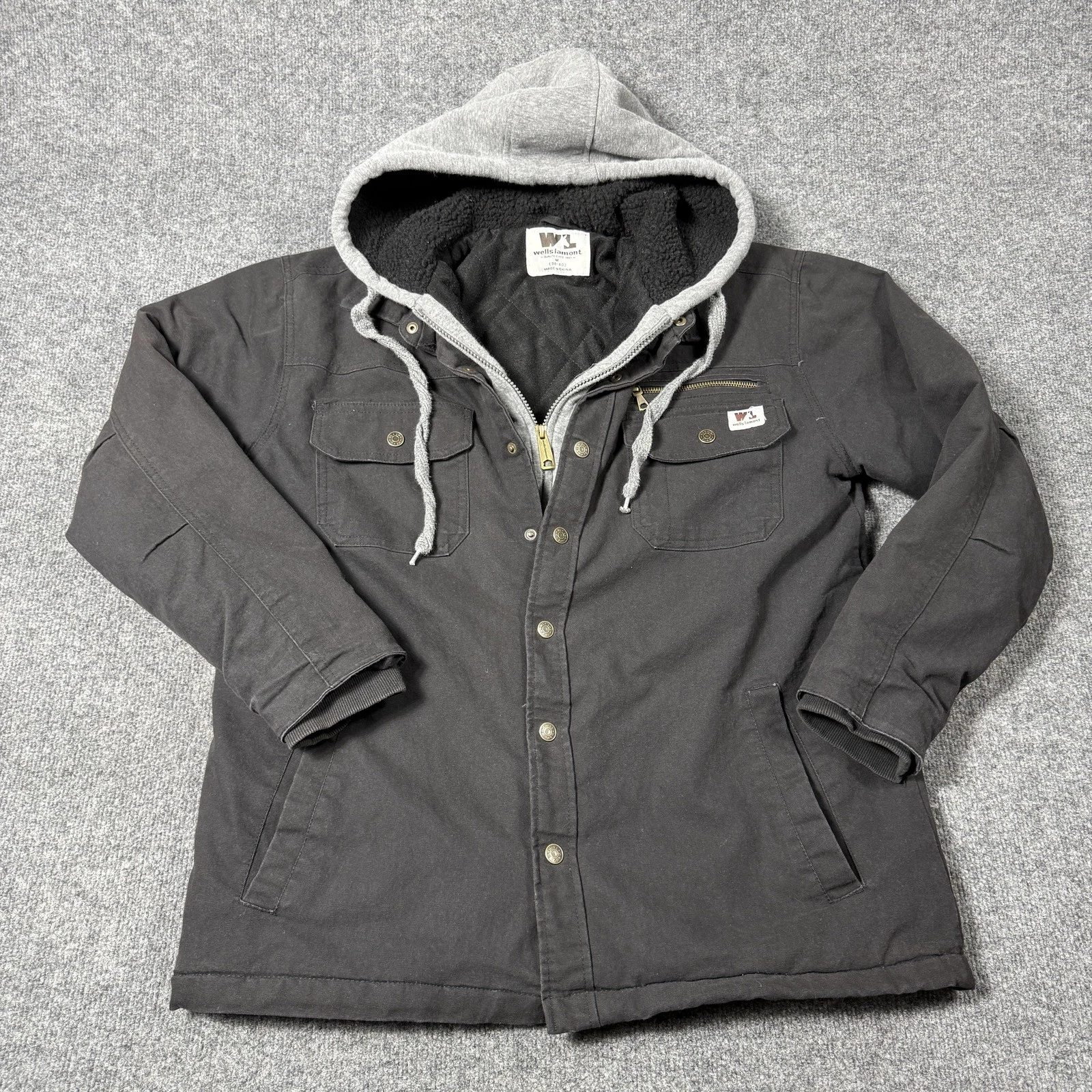 Wells Lamont Jacket Mens Medium Black Hooded Canvas Parka Sherpa Lined Workwear