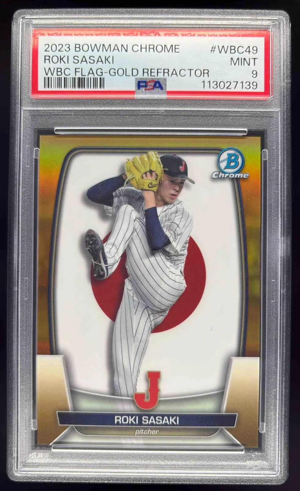 2023 Bowman Chrome WBC Flag Variations Gold Refractor #49 Roki Sasaki /50 PSA 9