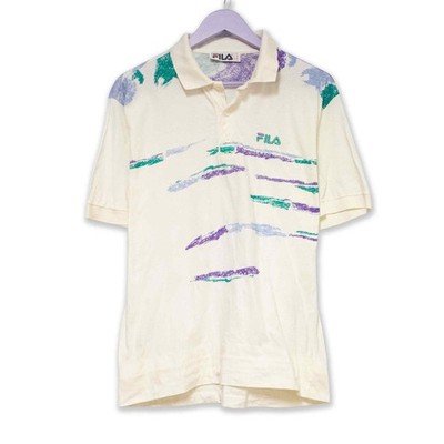Fila Vintage Poloshirt weiß grün und lila gemustert - Größe 52 Herren