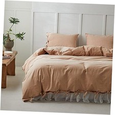 100 Washed Cotton Duvet Cover Set 3pcs with Bowknot Ties Strap Queen Cinnamon