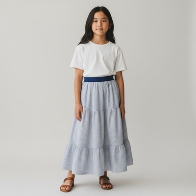Skirt Girls M 8 Maxi Blue Stripe Ruffle Tier 100% Cotton Mom and Pop's Kids