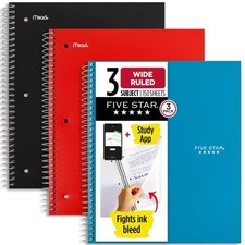 Spiral Notebook  Study App, 3 Pack, 3 Subject, Wide Ruled Paper, 8" x 10-1/2...