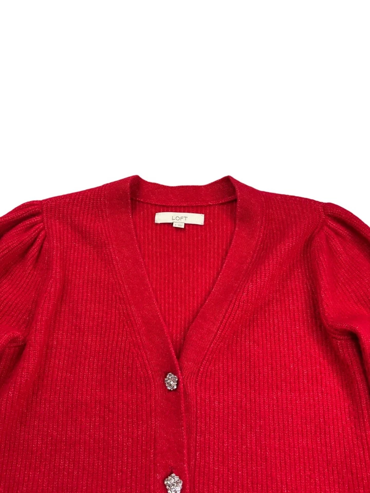 Loft Womens Fuzzy Red Button Front Cardigan Sweater Size S Rhinestone Buttons - Image 2 of 4