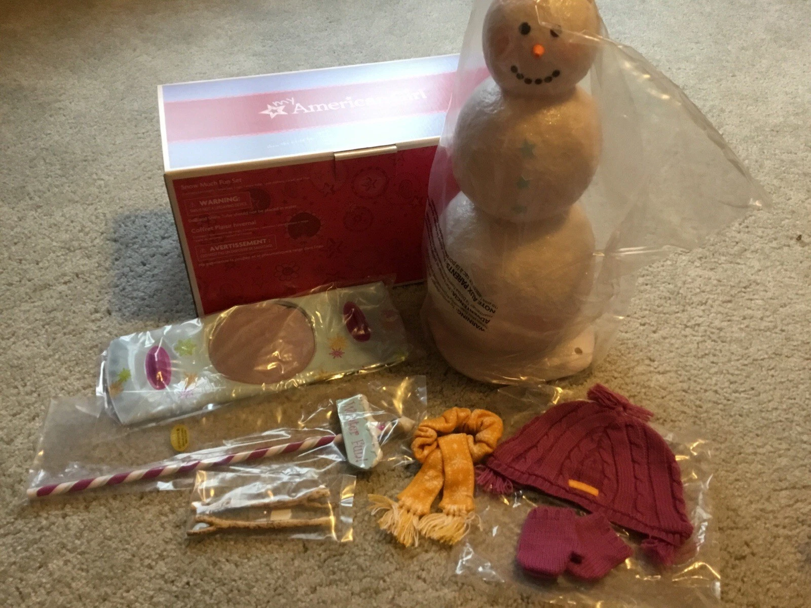 American Girl SNOW MUCH FUN SNOWMAN With Tube Hat Scarf Gloves Set NIB Retired
