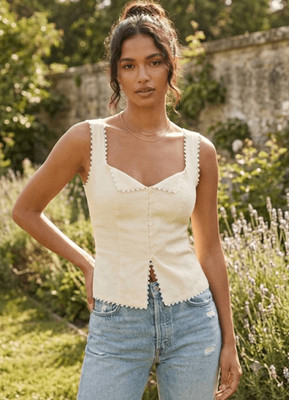 Reformation womens small size 4 top Viola crochet trim linen cream square neck