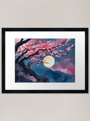 Samurai mit Kirschblüte in der Nähe Gerahmtes Wandbild Poster Leinwanddruck Bild