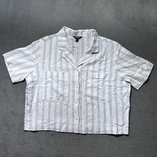 Buffalo David Bitton Womens L Linen Blend Cropped Camp Shirt White Blue Stripe