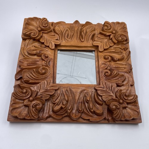 Wood Carved Wall Mirror Vintage Brown Cinnamon Color Floral Leaves 10.25”x 10.5”