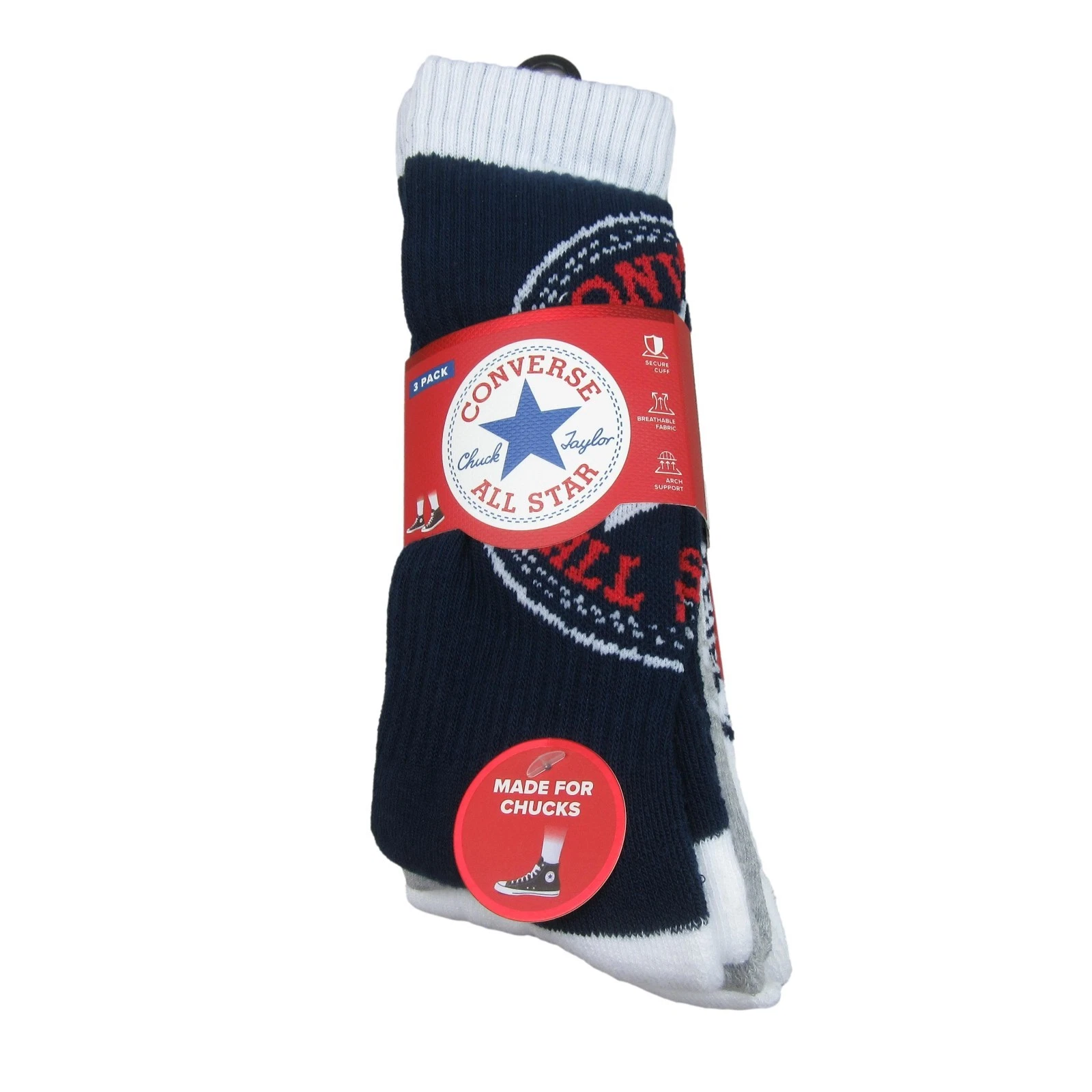 Converse All Star Chucks Crew Socks Mens Size 6-12 Multi-Pack (3 Pairs) NEW
