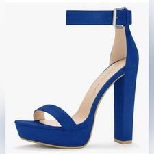Allegra K  Faux Suede Platform Ankle Strap Chunky High Heel Sandals  Deep Blue