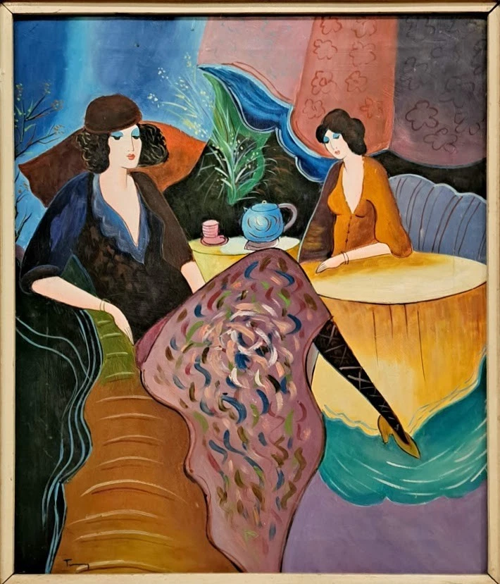 Itzchak Tarkay - Pintura al óleo original - Mujer en el vestido multicolor en el té Foto 2 de 4