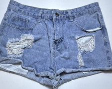 SHEIN Women's Mid Rise Distressed Cut-Off Denim Shorts Blue M 2" Inseam