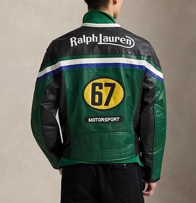Polo Ralph Lauren Leather Café Racer Jacket in Tennis Green Multi