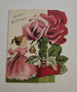 Vintage Norcross Happy Birthday Sassy Girl Watering Roses Fold-Out Greeting Card