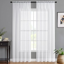 MIULEE White Linen Textured Sheer Curtains 90 Inches Long 2 Panels Set for Be...
