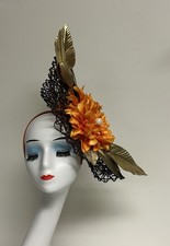 Easter Ascot Kentucky Derby Mesh Gold Orange Floral Large Fascinator