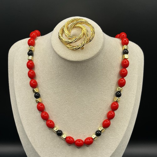 Vintage Jewelry Set: Napier Necklace Red Black Gold Tone, Monet Love Knot Brooch - Image 1
