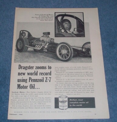 1960 Pennzoil Z-7 Vintage Motor Oil Ad with Big Daddy Don Garlits Dragster