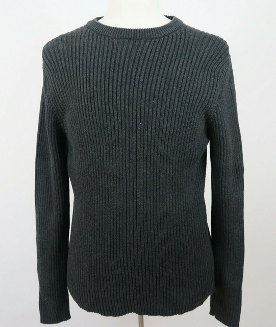 Express Mens Heavy Ribbed Cotton LS Crew Neck Solid Dark Gray Sweater