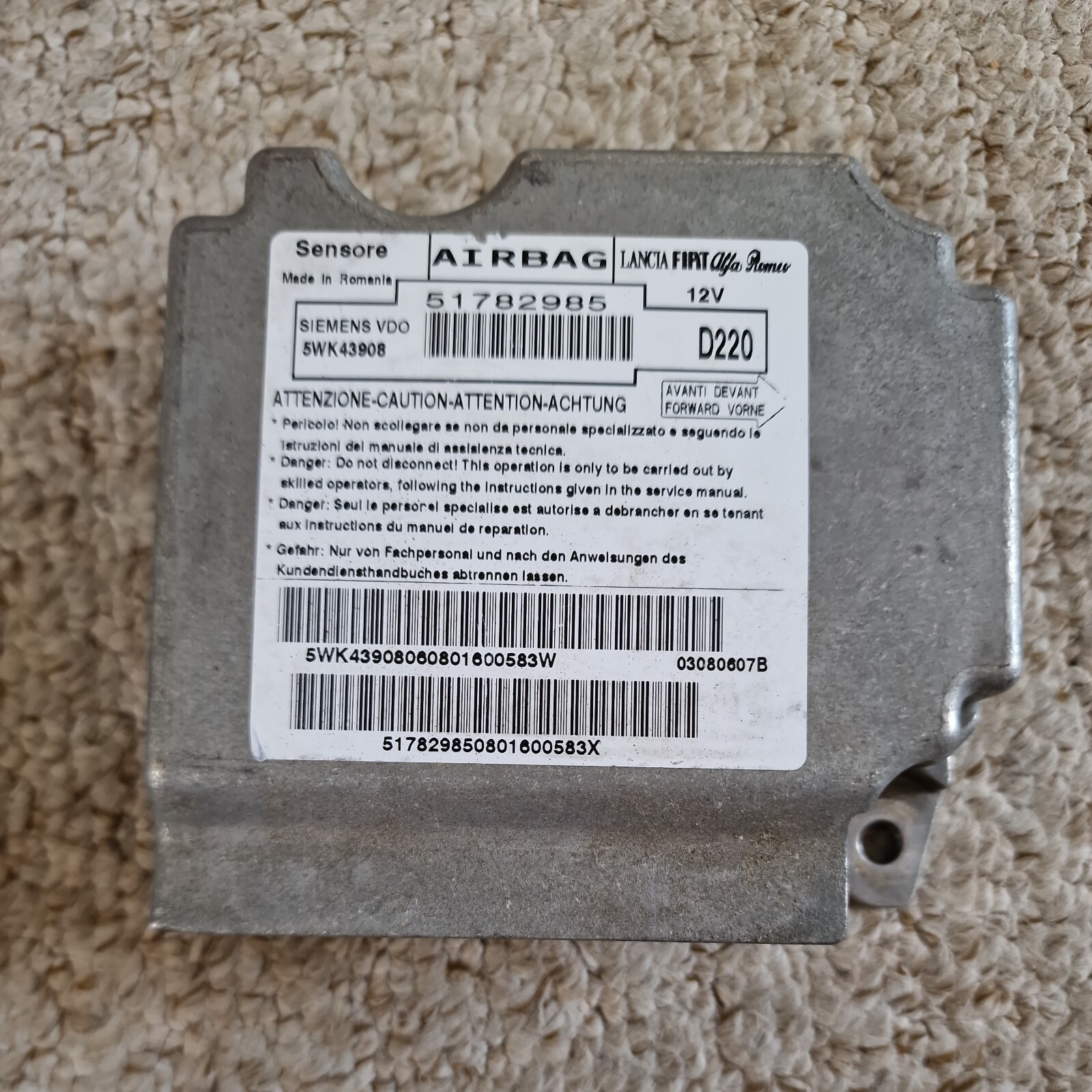 Fiat 500 2010 Airbag Module SRS ECU CONTINENTAL 51867767 2008-2013 