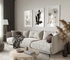 Neutral Wall Art Prints Set Of 3 Dandelion Modern Beige Black Minimal Art