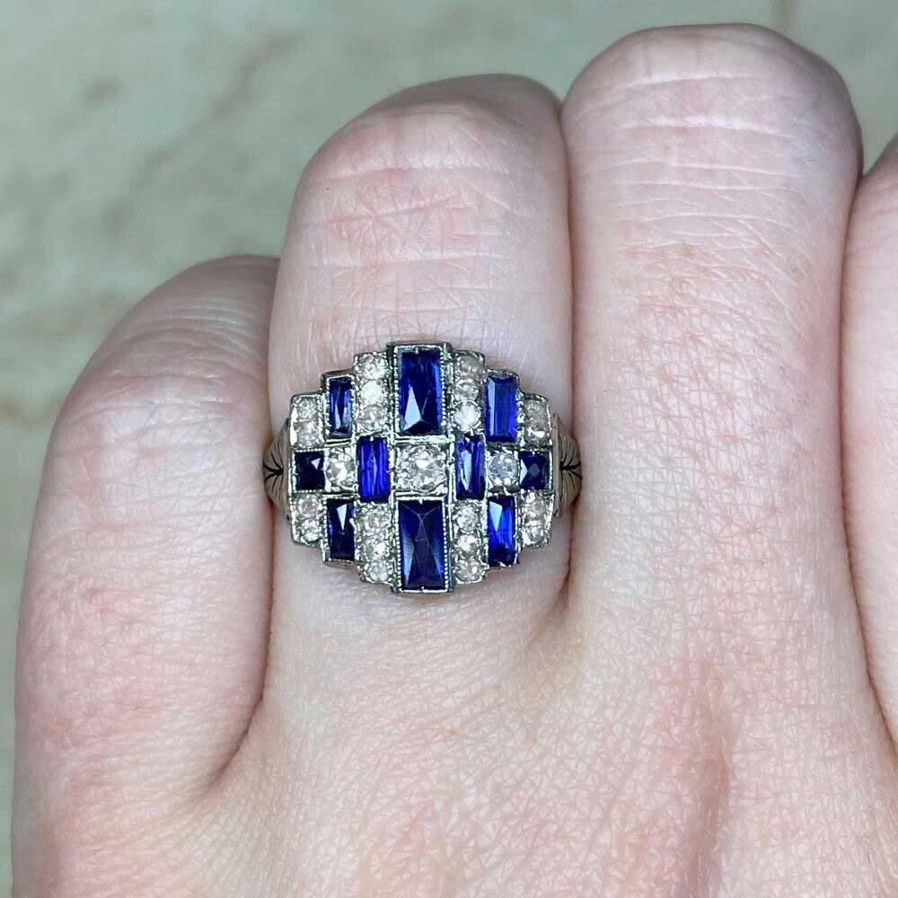 Anillo de boda Art Deco antiguo corte mina creado en laboratorio diamantes y zafiros en plata 925
