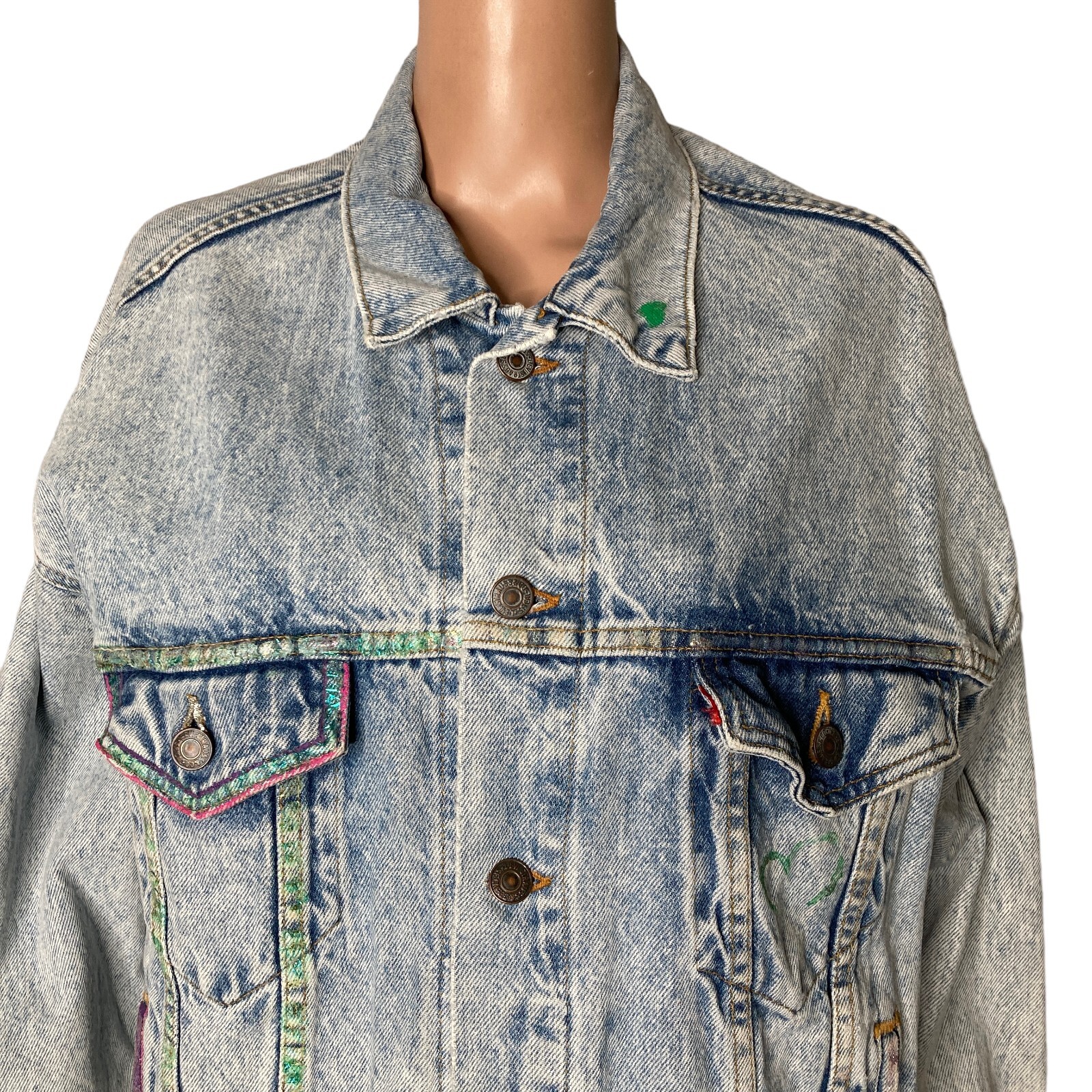 vintage levis trucker jacket womens XL custom design light wash painted thumbnail 6