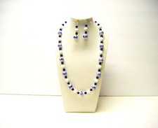 Collar/pendientes redondos de cerámica azul/blanco con cuentas de piedra de jade blanco/acento plateado