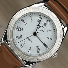 Unisex 34mm PCA Watch, Silver Tone with Brown Band, NEW BATTERY RUNS 