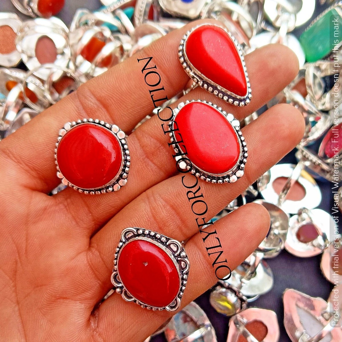 Red Coral Gemstone 925 Sterling Silver Plated Handmade Fancy Wholesale Lot  Rings