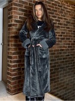 THREADBARE Ladies Grey Cosy Faux Fur Trim Long Dressing Gown Robe, Medium | BNWT