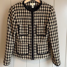 Talbots Houndstooth Tweed Blazer Jacket Size 4 Wool Blend Pockets Zipper Front