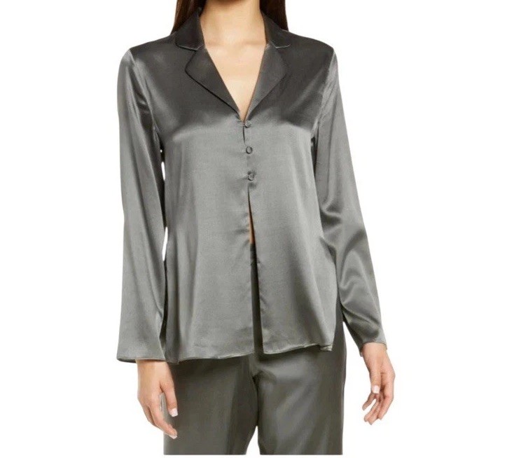 Skims Women’s M Charcoal Gray Silk Pajama Top Button Front Long Sleeve *read