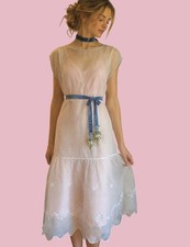 Antique Edwardian Sheer Voile Embroidered Slip Dress w Ballet Pink Slip