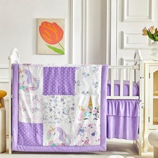 Patchwork Crib Bedding Set Unicorn Plaid Floral Design 3 Pieces Baby Girl Cut...