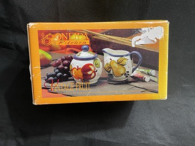 Oneida kitchen creamer & sugar w/ lid vintage fruit collection hand painted